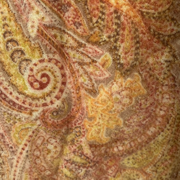 AMICALE PURE CASHMERE BURGUNDY TAN YELLOW ORANGE FRINGE TWO SIDED SCARF 62” - Picture 4 of 10